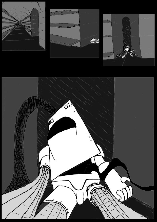 Dat Williams Comics Issue 4 page 6. Dat and the part of the computer he brought with him have left, deserting the chamber. In a secret corner, a scarred and shattered space suit sits, crippled, unmoving, wired in to the ship's computer systems.