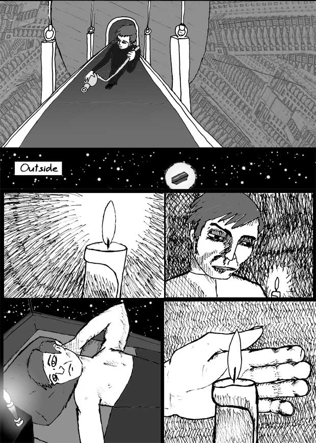 Dat Williams Comics Issue 4 page 7. Dat pulls the computer's eye back to the main part of the ship. Tired, bored, he sits down to go to bed. He enjoys watching a candle burn.
